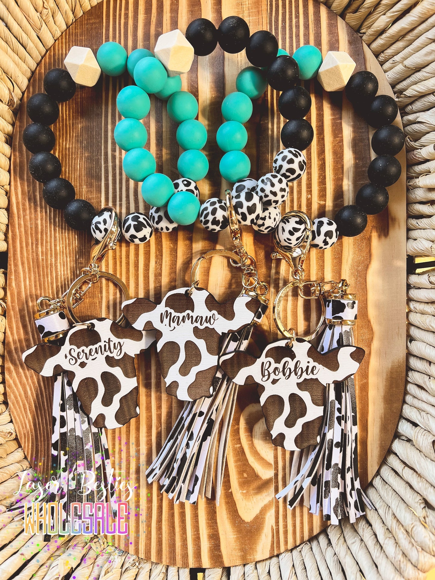 Custom cow head teal wristlet