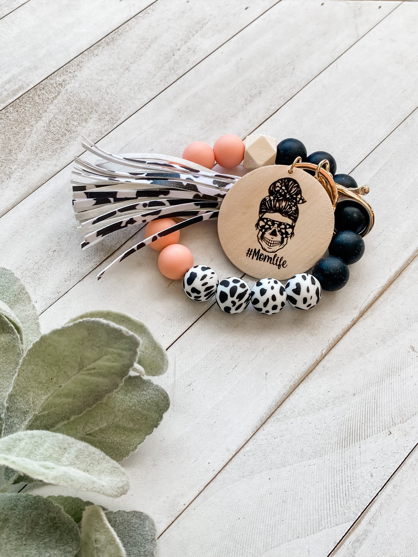 Peach Cow Print Wristlet Mom Life Skull