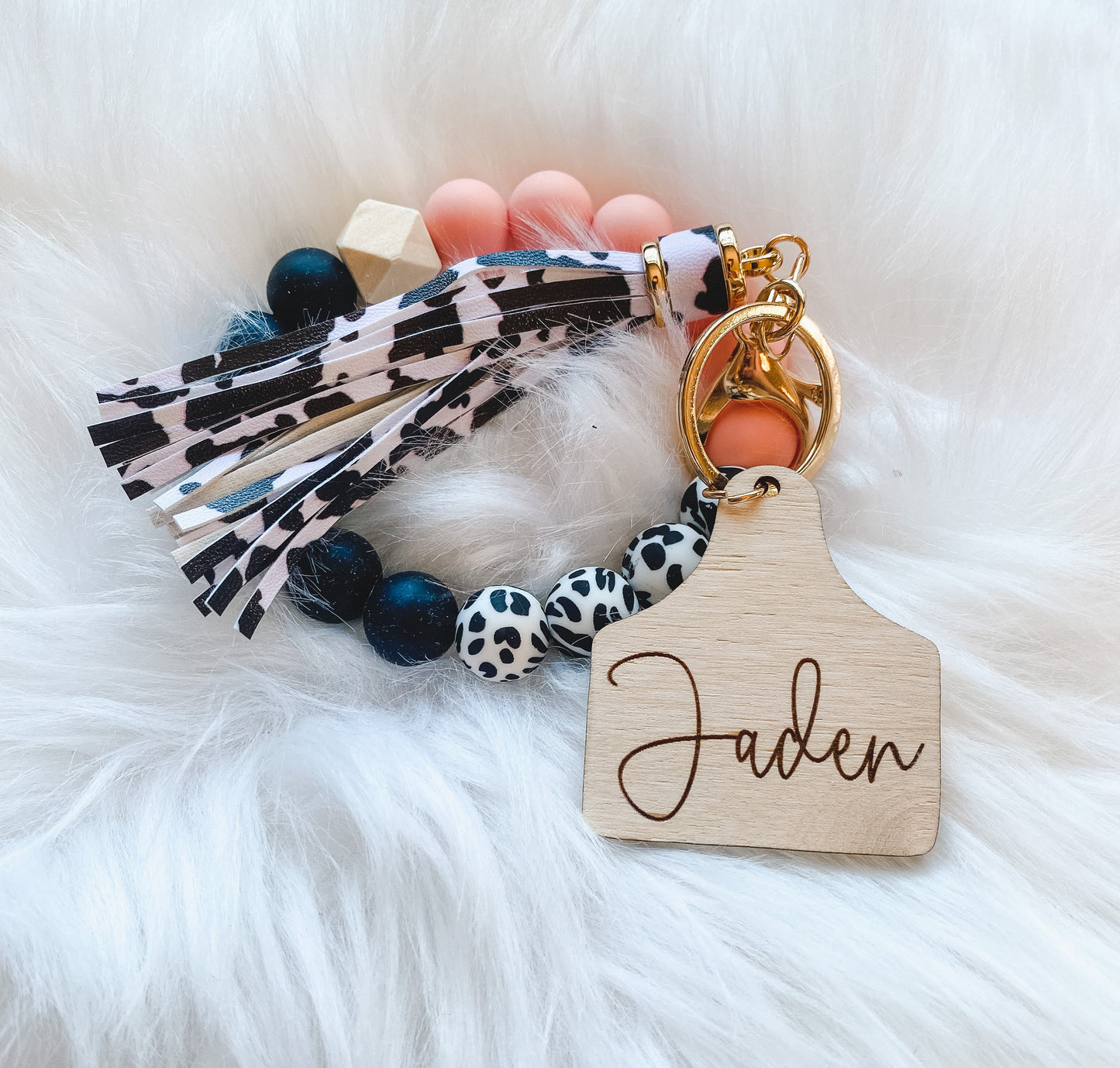 Peach Cow Wristlet With Personalized Tag