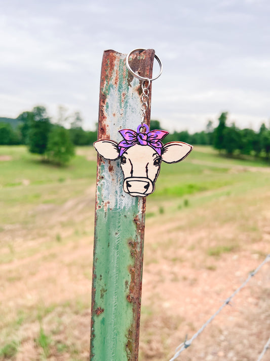 Pink and purple bandana cow keychain